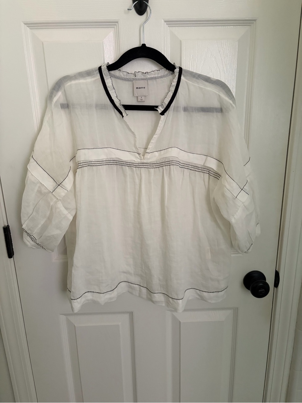 Maeve by Anthropologie White Blouse with Black Contrast Trim